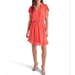 DKNY by Donna Karan Round Tie Neck Short Sleeve Smocked Waist Mini Dress Sz 6